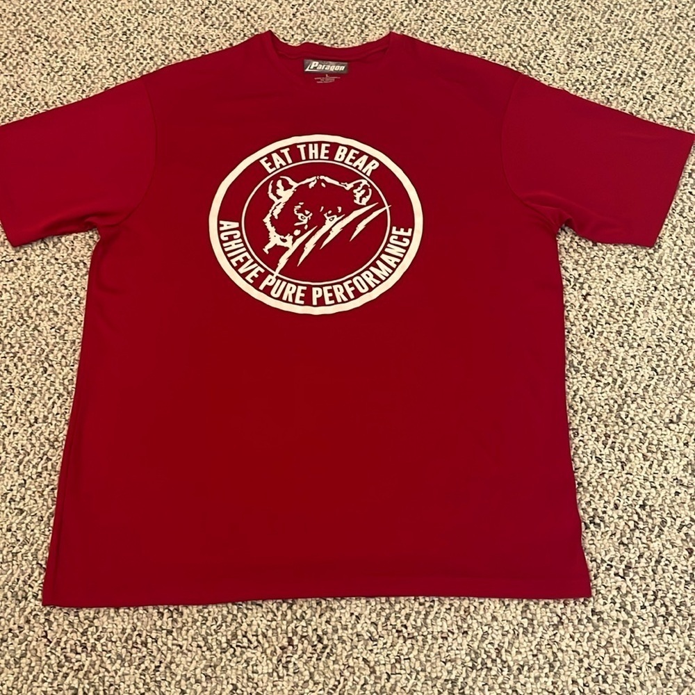 “Eat The Bear” Red Polyester Tee. Large